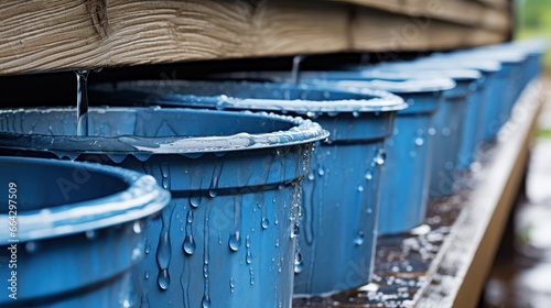 Gutter systems and barrels collect rain, emphasizing sustainable water conservation through rainwater harvesting photo