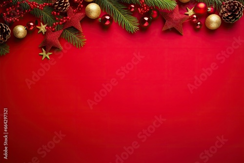 Christmas or New Year red background with fir decor.