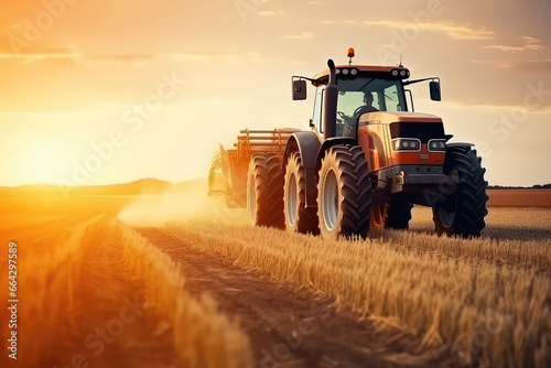 Tractor Works On Wheat Fields During Sunset On The Farm