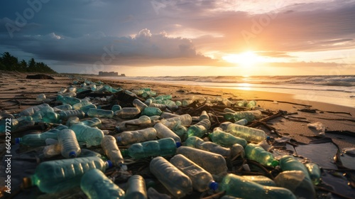 Discarded plastic water bottles litter a beach, set against dramatic stormy clouds © Malika