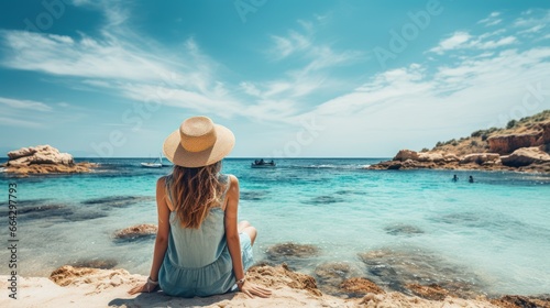 Girl sits serenely on a beach, the captivating turquoise waters beside her painting a picture of paradise