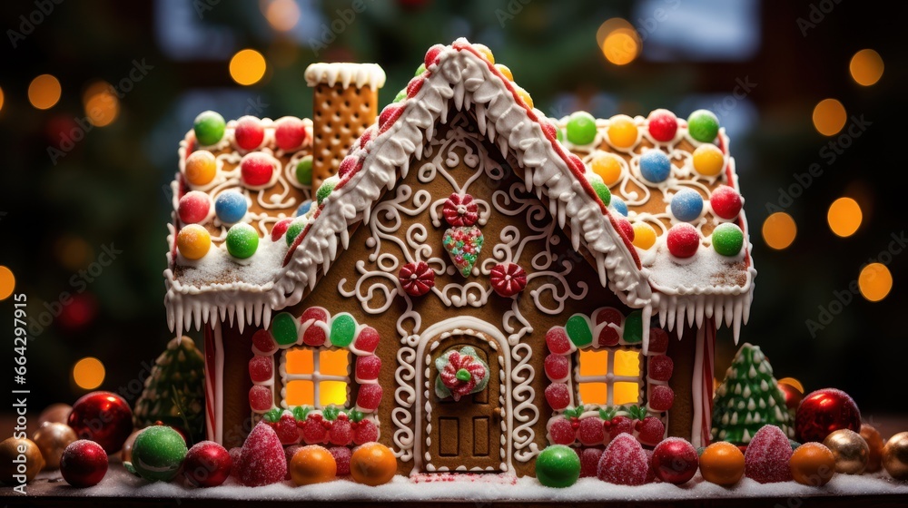 Detailed gingerbread house stands proudly, adorned with colorful candies and icing
