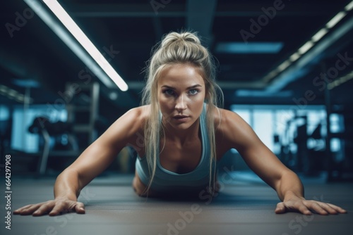 Athletic woman in sports gear, focusing on her exercise routine. Fictional characters created by Generated AI.
