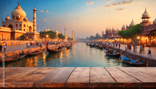 The empty wooden table top with blur background of india city