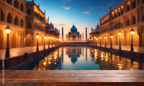 The empty wooden table top with blur background of india city