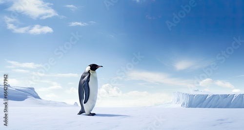 Penguin standing in Antarctica looking into the blue sky.