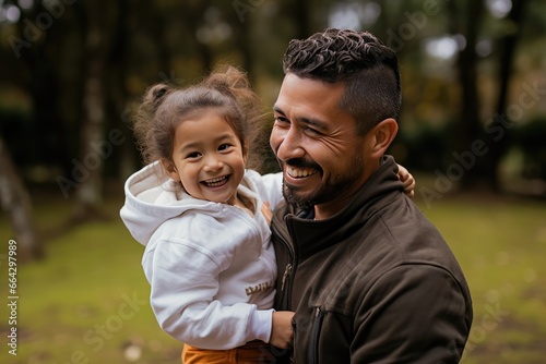 Hispanic dad hugging his little daughter in the park - father and daughter outdoors smiling face to face. photo