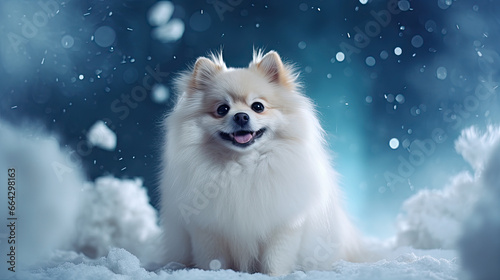 Pomeranian dog in the snow, winter background  © reddish