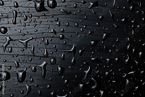 An abstract background image showcases raindrops glistening on a black wood surface, combining nature's elements with a touch of elegance. Photorealistic illustration