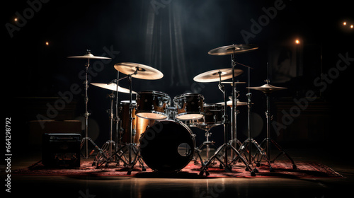 Drum set stands center stage in a dimly lit room, the spotlight casting dramatic shadows and emphasizing its musical significance