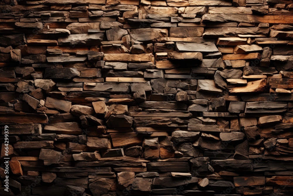 An abstract background image offers a close-up view of a stacked stone wall made from sliced stones, emphasizing the distinctive texture and patterns in the composition. Photorealistic illustration - obrazy, fototapety, plakaty 