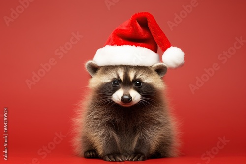 Christmas cute funny raccoon in red Santa hat © dvoevnore