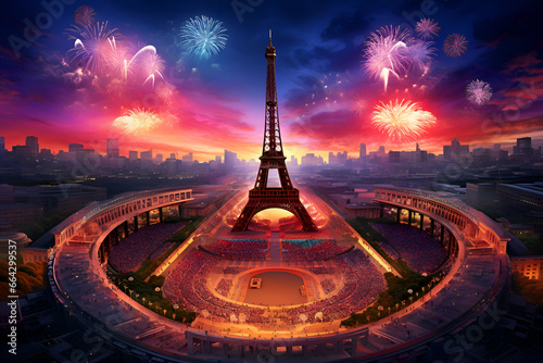 View of fictional objects against the backdrop of the Eiffel Tower. Concept of the Olympic Games in Paris 2024