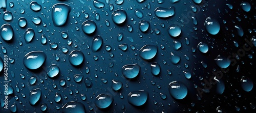 In a wide-format abstract background image  water droplets on a smooth surface capture light reflections  creating a shimmering composition. Photorealistic illustration