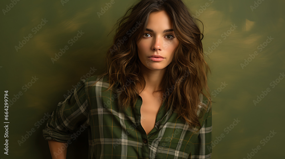 Naklejka premium Model in Plaid Shirt on Olive Green Background