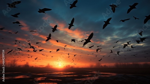 Flocks of birds soar across a chilly sky, embarking on their winter migration photo