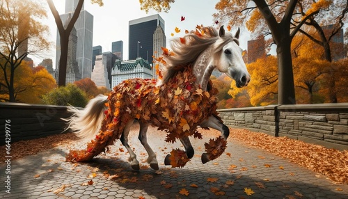 AI generated illustration of a majestic horse stands in a park surrounded by autumn foliage