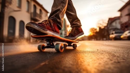 Skateboarder speeds down a road, the background blurred with motion