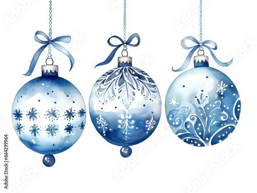 Watercolor set of different blue Christmas ornament balls isolated on white background 
