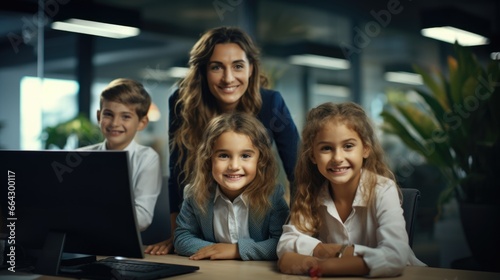 A young woman stands with children as they pose for a photo near a laptop. Fictional characters created by Generated AI.