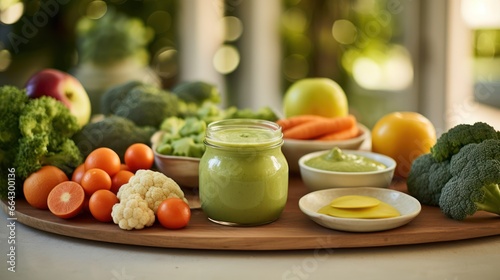 Pureed vegetables and fruits, free from additives, are packed for infants, highlighting nutritious organic baby food options