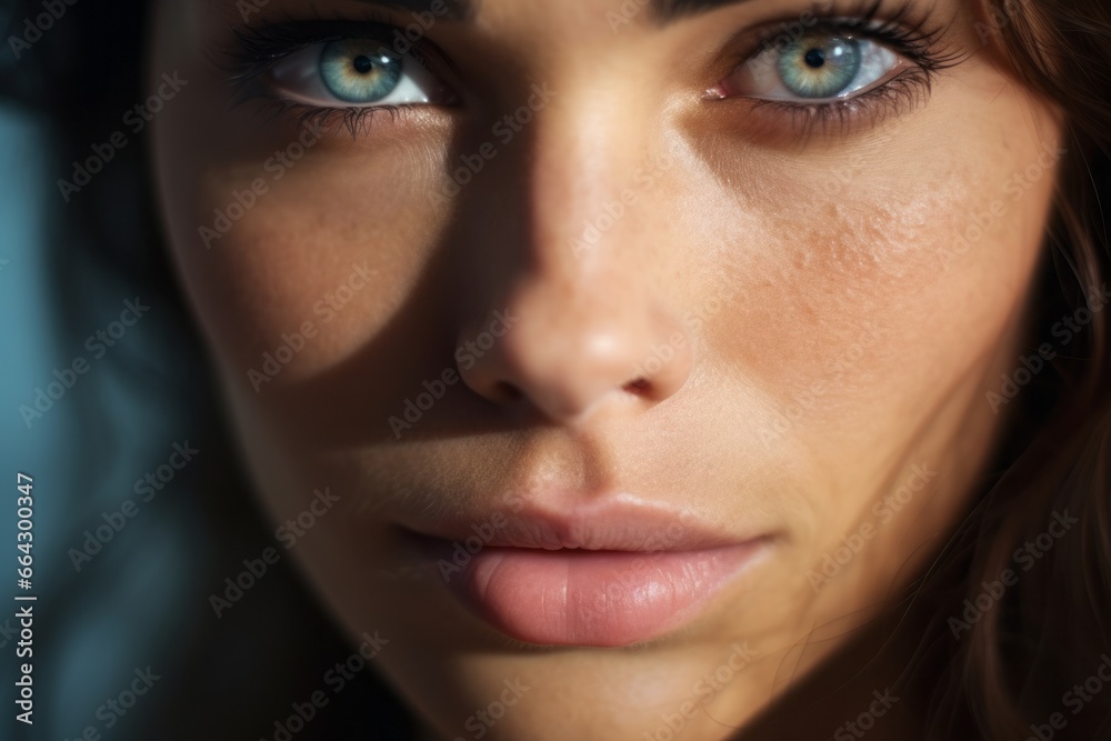 a macro close-up portrait of a face of a young white caucasian woman with perfect skin and intense gaze. Skin beauty and hormonal female health concept. a macro close-up portrait of a face of a young white caucasian woman with perfect skin and intense gaze. Skin beauty and hormonal female health concept.