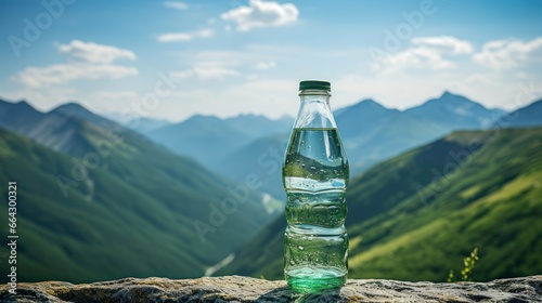Water bottle stands prominently against a backdrop of refreshing mountains photo