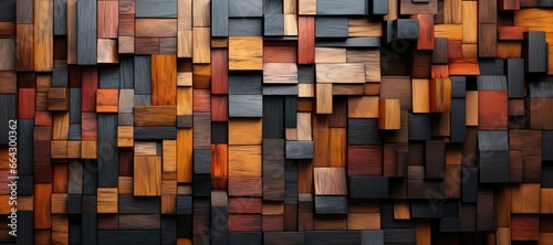 Fototapeta Naklejka Na Ścianę i Meble -  In a wide-format abstract background image, a wall is created from colorfully stained wood blocks meticulously assembled to form a three-dimensional composition. Photorealistic illustration