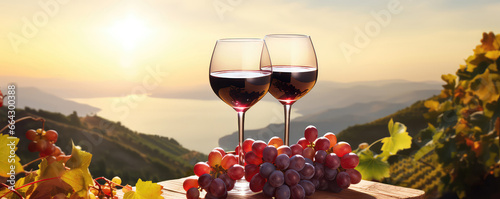 Wine Glasses And Grapes In Vineyard Scene