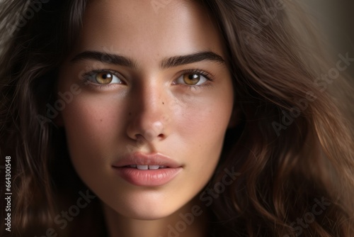 a macro close-up portrait of a face of a young white caucasian woman with perfect skin and intense gaze. Skin beauty and hormonal female health concept.