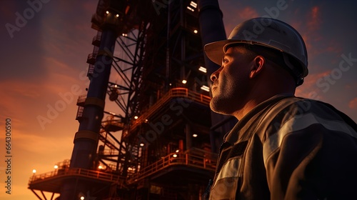 A male worker in a hard hat, an oilman looks up at an oil rig. photo