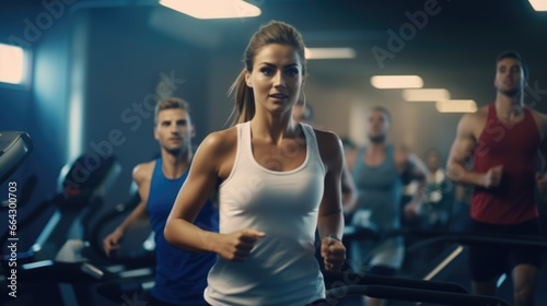 Beautiful woman working out on a treadmill at the gym. Fictional characters created by Generated AI.