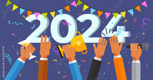 Happy new year. Vector illustration. May New Year bring you everlasting happiness and fulfillment The invitation to celebrate holiday season fills our hearts joy and anticipation The New Years hands
