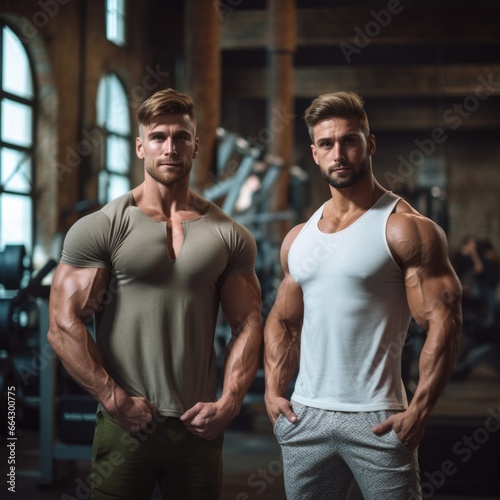 Two Men Building Muscles in the Gym. Fictional characters created by Generated AI.
