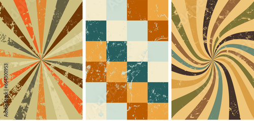 Set of groovy hippie grunge 70s backgrounds. Waves, swirl, twirl, cage, squares pattern. Twisted and distorted vector texture in trendy retro psychedelic style. Y2k aesthetic.