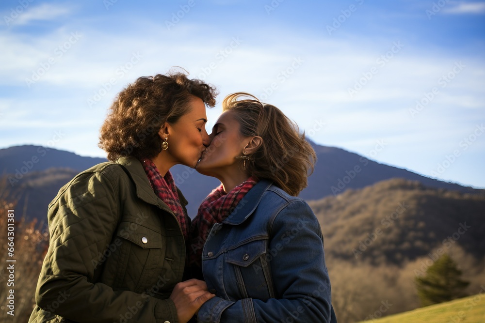 Mature gay lesbian couple kissing outdoors, embracing the moment in mountain trip