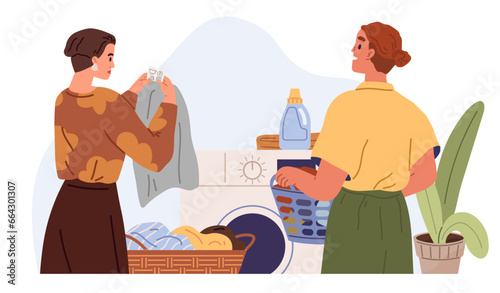 Laundry. Vector illustration. Sorting clothes by color prevents fading Air-drying clothes conserves energy Athletic apparel requires specialized laundering Detergent selection depends on fabric