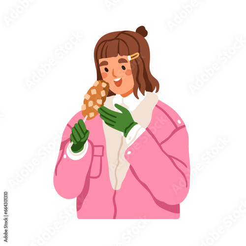 Girl eating Korean fast food, gamja hot dog. Happy young woman holding Korea ...