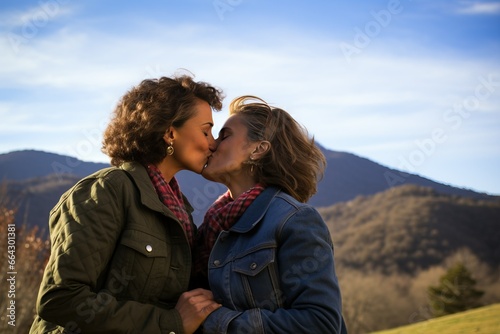 Mature gay lesbian couple kissing outdoors, embracing the moment in mountain trip