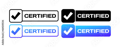 Certified icons. Different styles, certified icons, check mark, certified button. Vector icons