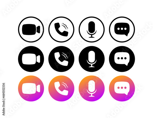 Camera, call, microphone, message icons. Different styles, Icons for camera, call, microphone, message. Vector icons