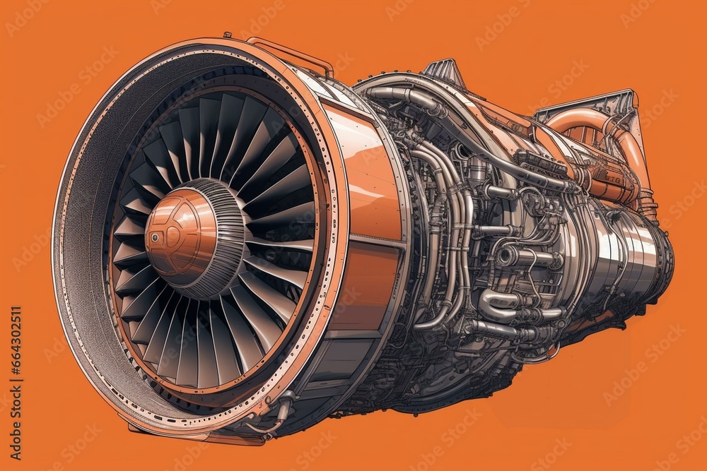 Detailed illustration of a turbojet engine with rotating blades painted orange at the ends. Generative AI