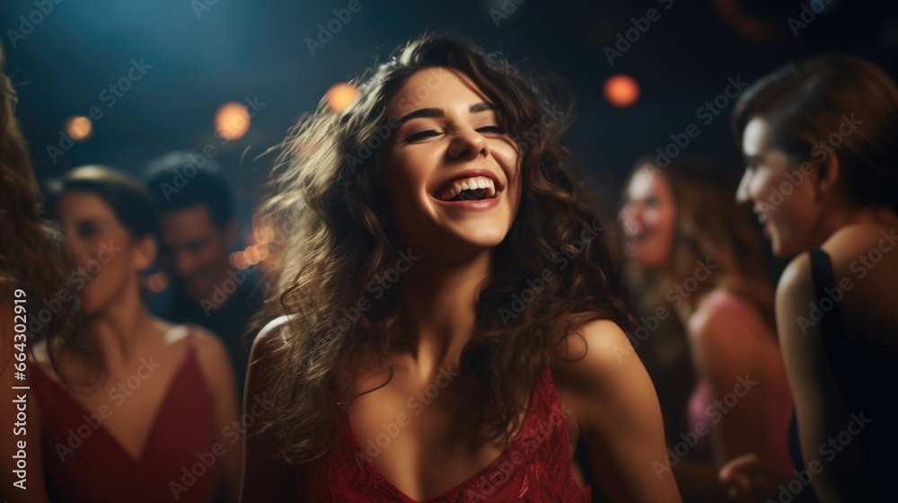 Attractive woman laughing while dancing with friends. Group of men and women dancing at new years eve party at night club.