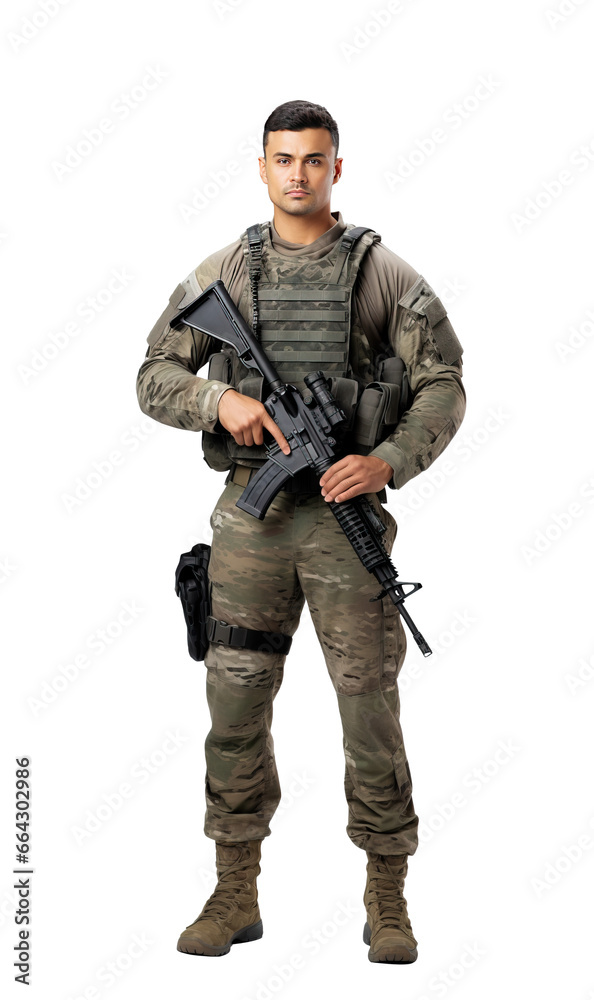 Soldier in military uniform with gun, a young man isolated on transparent white background Soldier in military uniform with gun, a young man isolated on transparent white background