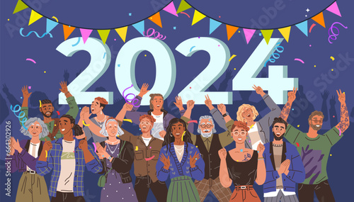 Happy new year. Vector illustration. The background New Year celebration sets stage for joyous occasion Embrace happy New Year concept. People celebrate 2024 party