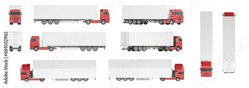 Mock-up of a truck with a semi-trailer on a white background for vehicle branding, corporate identity. The camera is positioned at an angle of 45 degrees to the horizon and at the horizon level. 3d 