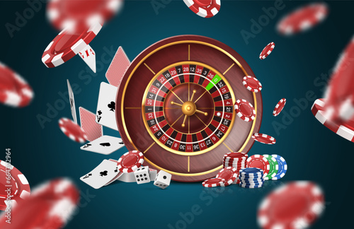 Roulette wheel with flying cards, poker chips and dice. Poker banner. Casino concept.