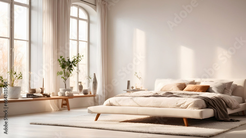 Modern bedroom interior with comfortable bed, carpet, plants, white wall and big window. Minimalist home design with copy space