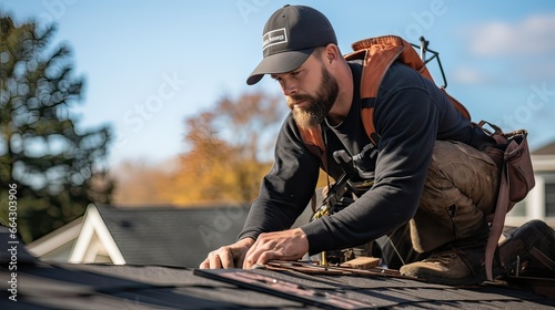 A dedicated roofer at work, ensuring the replacement of shingles on a house's roof. Roof renovation, home maintenance, roofing skill, shingle upgrade, roof revitalization. Generated by AI. photo