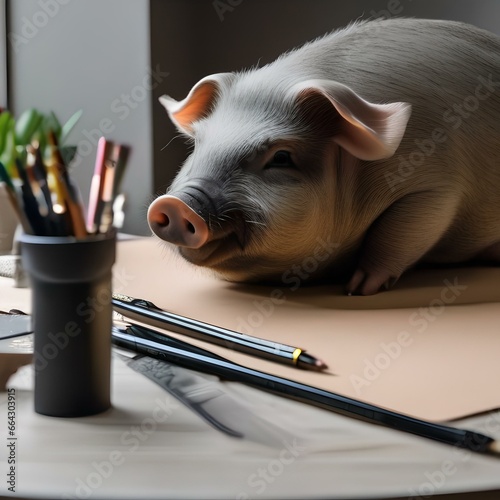 A pot-bellied pig using a stylus to draw a digital masterpiece on a tablet1 photo